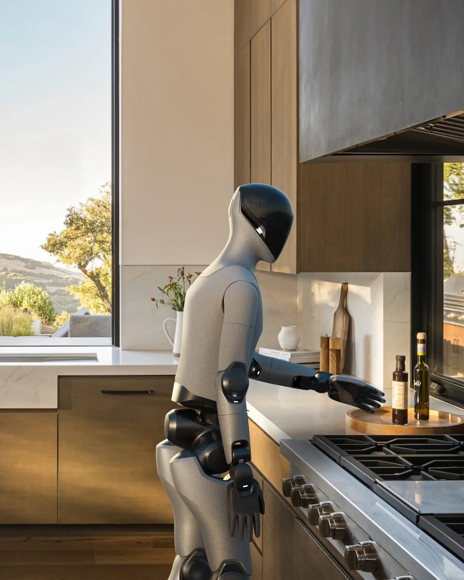 A Figure humanoid robot reaching across a kitchen counter